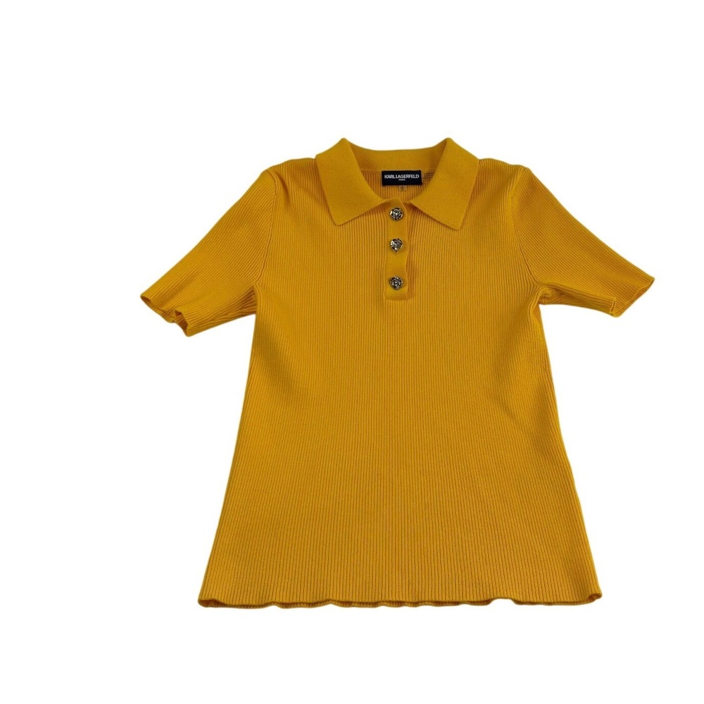 Karl Lagerfeld Paris Yellow Ribbed Knit Polo‎ Top Rose Buttons Women's Small